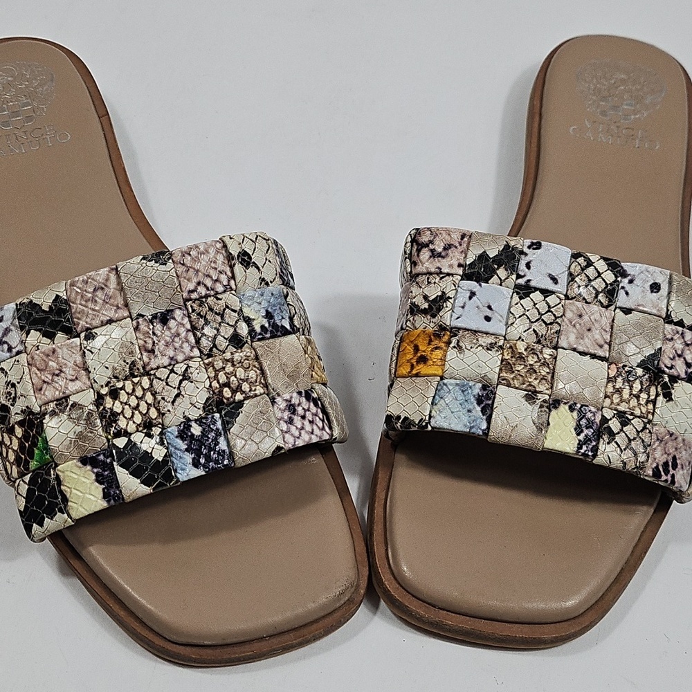 Vince Camuto Nanchia Leather Snake Multi-Color Woven Slip On Flat Slide Sandal - Picture 5 of 14